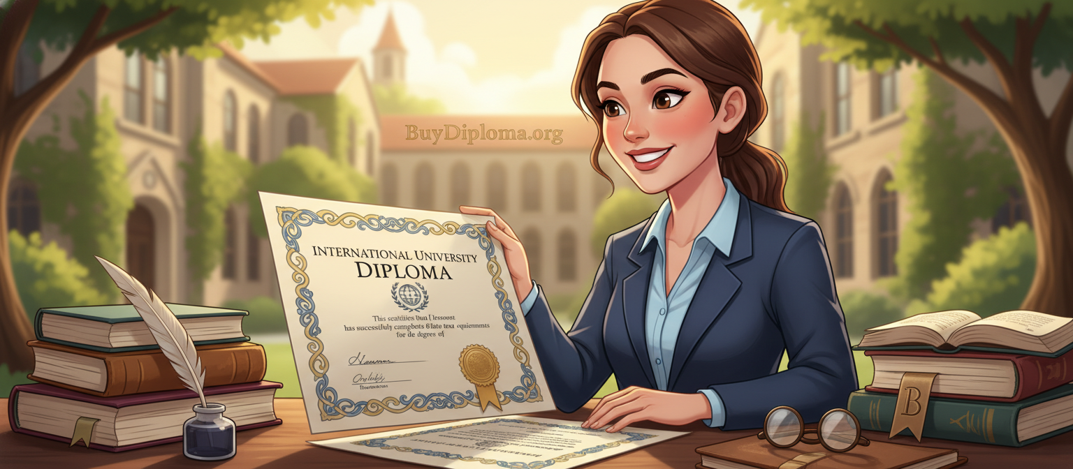 A realistic and detailed scene of an international graduation certificate displayed on a polished wooden desk. In the foreground, the certificate should feature elegant typography, a university seal, and intricate design elements, suggesting authenticity. The middle ground includes a professional-looking student with natural makeup, wearing business attire, examining the certificate with a proud expression. Surrounding them are books and stationery, hinting at a scholarly atmosphere. The background captures a soft-focus campus setting with trees and buildings, illuminated by warm, soft light to create a welcoming and inspiring mood. Include a subtle branding element for "BuyDiploma.org" integrated into the scene, ensuring no text is directly on the certificate. The overall composition should evoke a sense of achievement and aspiration.