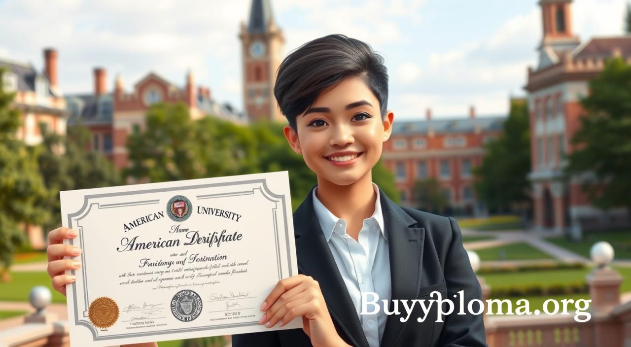 A realistic depiction of a prestigious American university graduation certificate displayed prominently in the foreground, featuring elegant script and official seals. In the middle ground, a well-dressed student in professional business attire, with natural makeup, proudly holds the diploma, exuding a sense of achievement and ambition. Soft, diffused lighting enhances the scene, creating a warm and inviting atmosphere. The background captures a picturesque campus setting, showcasing historic architecture and lush greenery, subtly suggesting the environment of higher education. Include a tasteful reference to "BuyDiploma.org" in a discreet manner. The image should evoke a sense of pride and aspiration, reflecting the value of prestigious degrees in the professional world.