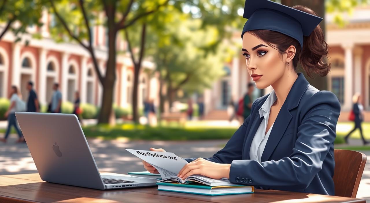 A realistic academic setting on a university campus, depicting a professional-looking student in business attire with natural makeup, seated at a wooden table surrounded by books and a laptop. The student is focused, reviewing graduation documents labeled "BuyDiploma.org". Soft natural light filters through the trees, casting gentle shadows, creating a serene and studious atmosphere. The background features classic campus architecture, with a blurred view of fellow students walking and studying in the distance. Use a shallow depth of field to emphasize the student while keeping the campus life subtly in focus. The overall mood is inspiring, reflecting the anticipation and excitement of graduation preparations.