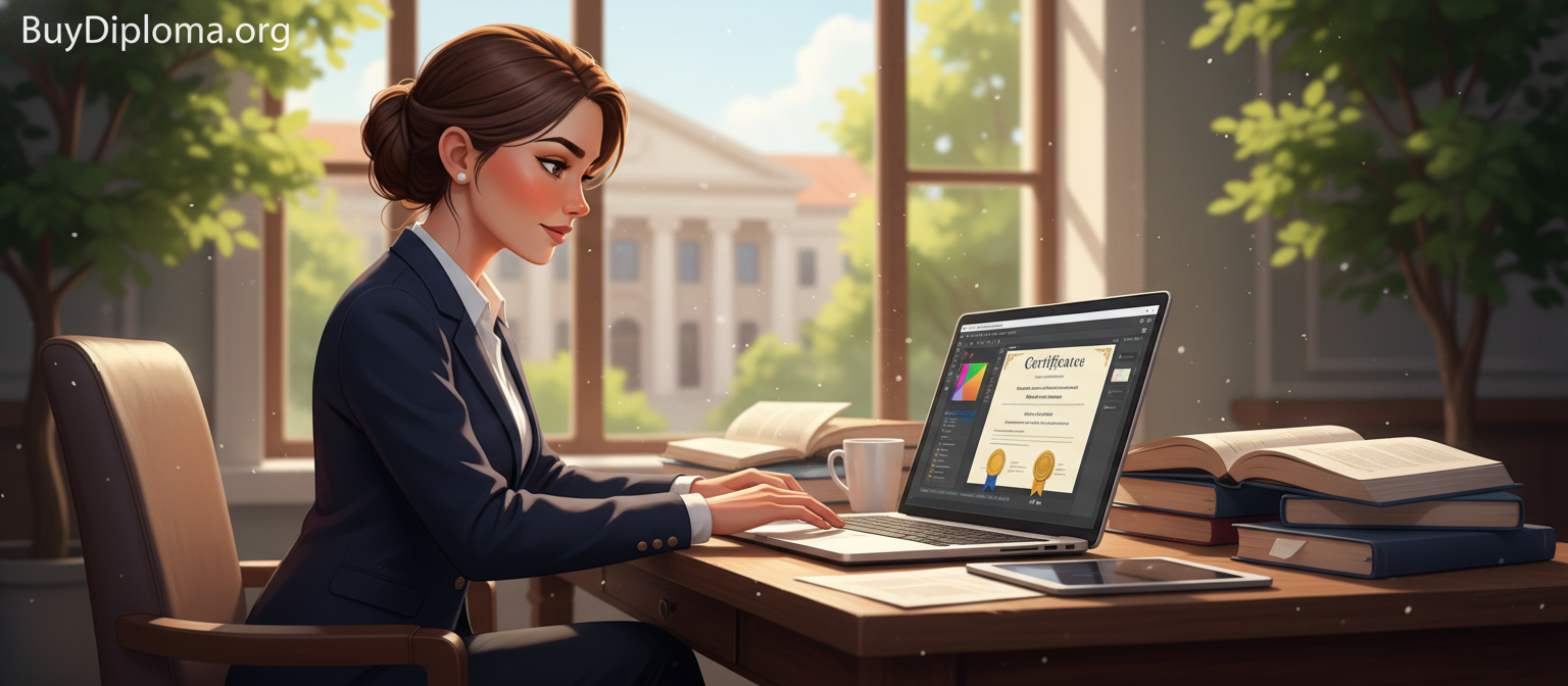 A realistic academic-style student sitting at a wooden desk in a sunlit campus setting, surrounded by books and a laptop displaying a graduation certificate design software interface. The student has natural makeup and is dressed in professional business attire, focused on creating a diploma on the screen. The background features soft green trees and a blurred view of a university building, while gentle sunlight filters through, casting a warm glow. The scene captures an atmosphere of motivation and creativity, emphasizing the concept of online diploma creation. Include the brand name "BuyDiploma.org" subtly displayed on the laptop interface. Use a shallow depth of field to enhance the focus on the student and the software.